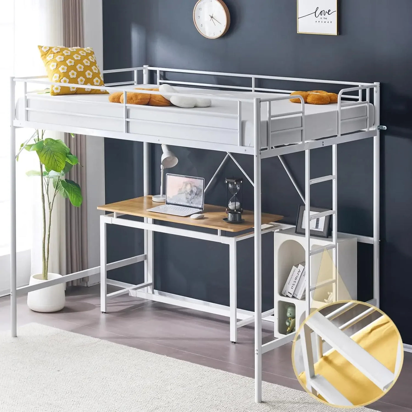 Loft Bed Full Size with Flat Rungs for Adults, Kids and Young Teens, No Box Spring Required,Heavy Duty Metal Slat Support