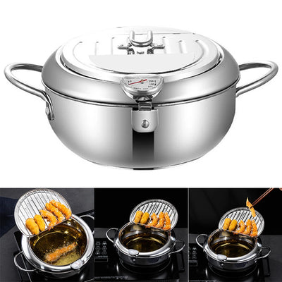 Japanese Style Deep Frying Pot with Thermometer Lid Oil Drip Drainer Rack 304 Stainless Steel Oil Fryer for Chips Fish Chicken