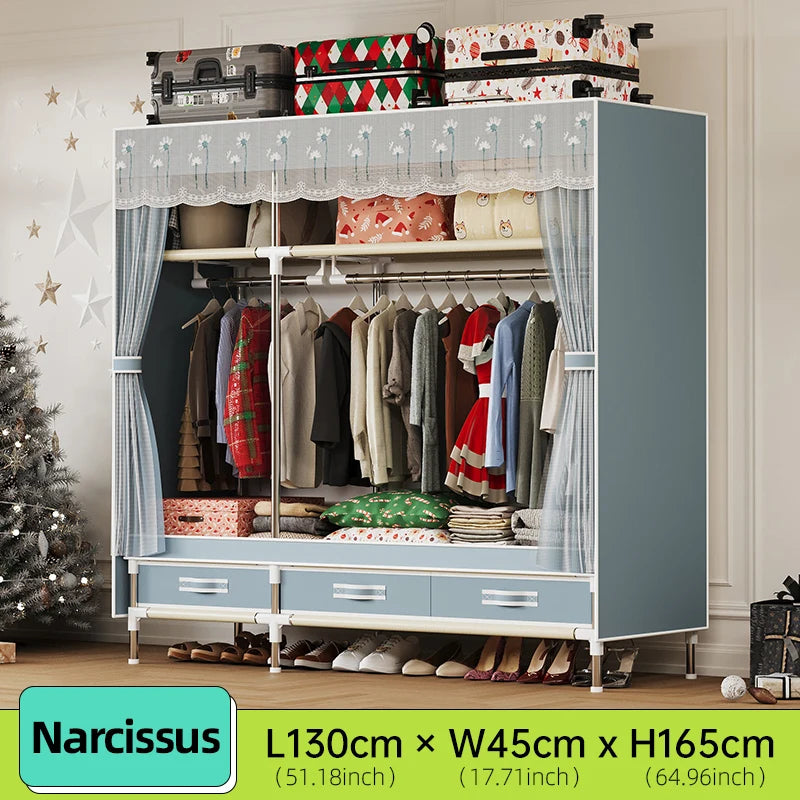 Simple wardrobe, durable and practical, easy to assemble, Christmas atmosphere, mesh cover and drawers