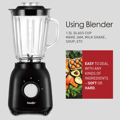 "Sonifer Blender  SF-8113 .Motor with thermostat control .Variable speeds control .4 piece blade .Injection spray paint surface