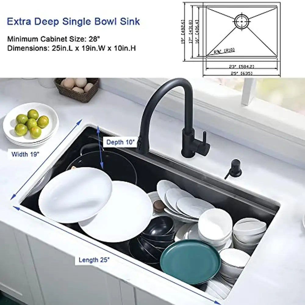 25 Inch Black Stainless Steel Undermount Kitchen Sink Workstation with X-Shape Water Guideline and R10 Corners Includes Cutting