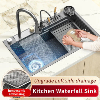 Stainless Steel Kitchen Sink Waterfall Wash Basin Smart Digital Display Embossed Large Single Bowl Multifunctional Dishwasher