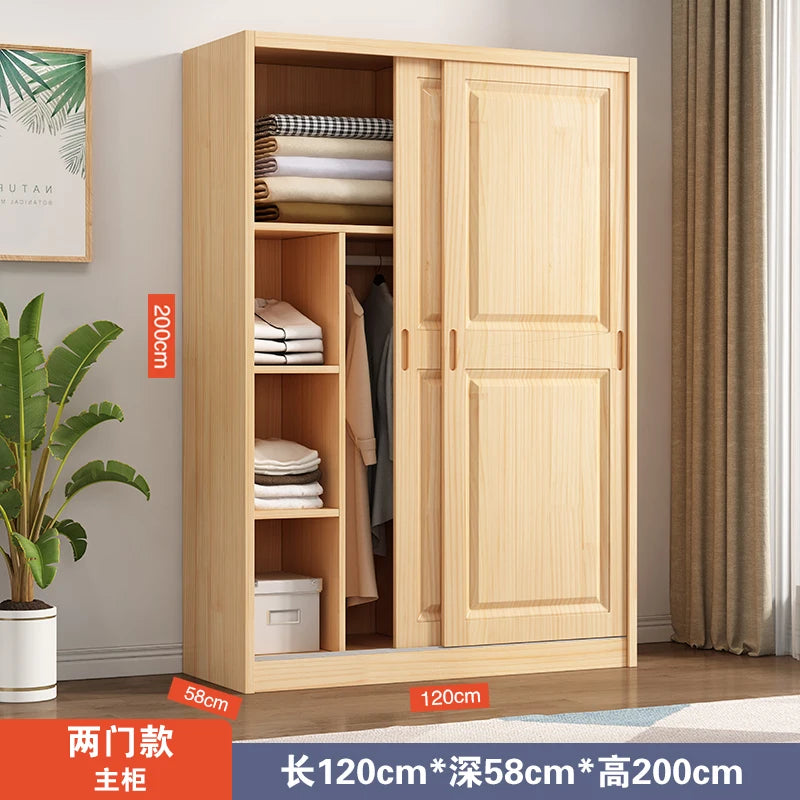 All solid wood pine sliding door wardrobe modern log children's clothes cupboard simple wardrobe home bedroom locker