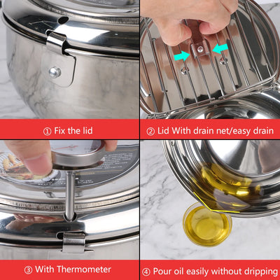 304 Stainless Steel Cooking Tool 2.2L Deep Frying Pot 2 Handles Tempura Fryer Pan With Thermometer and Lid Japanese Style