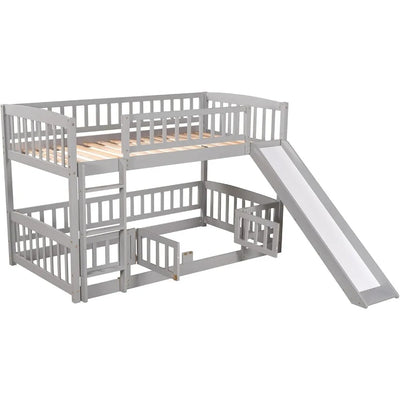 Low Bunk Bed with Slide Twin Over Twin Bunk Beds for Kids Toddlers, Wood Floor Beds Frame with Rails for Boys Girls Teens, Gray