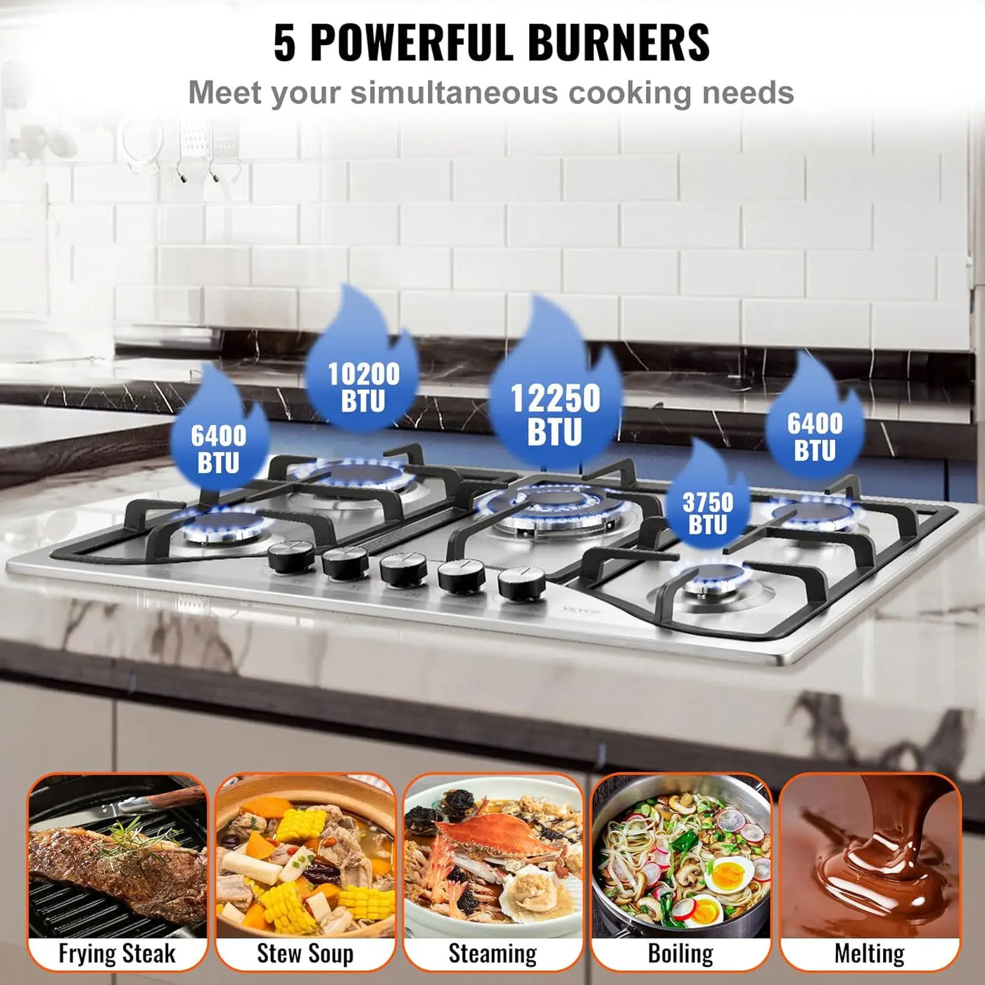 30-inch Gas Cooktop, 5 Burners Built-in Gas Stove Top, Convertible Stainless Steel Natural Gas Hob, wi