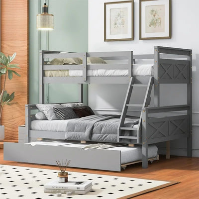 Bunk Bed, Twin Over Full Wood Bunk Bed with Twin Size Trundle, Solid Wood Bunk Bed Frame with Guardrail and Ladder, Grey