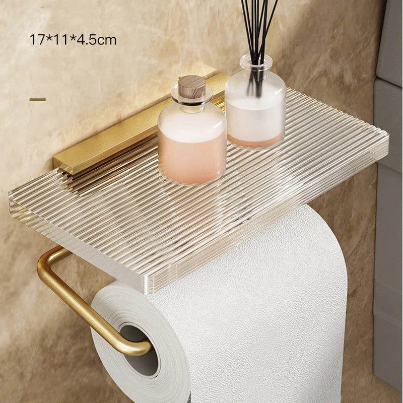 Toilet Paper Holder with Shelf - Wall Mount Bathroom Paper Roll Holder Rustproof Acrylic & Aluminum Toilet Tissue Holder Gold