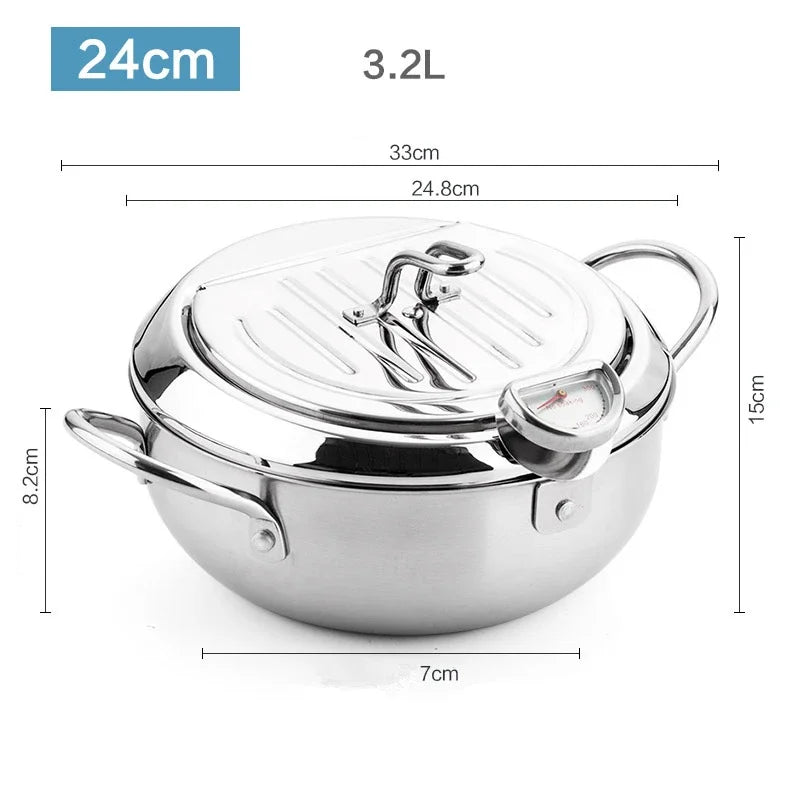 Japanese Deep Frying Pot with A Thermometer and A Lid 304 Stainless Steel Kitchen Tempura Fryer Pan 20 24 Cm KC0405