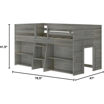 Modern Farmhouse Low Loft Bed, Twin Bed Frame for Kids with 2 Bookcases, Driftwood