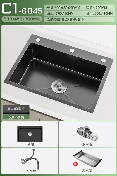 Stainless steel black sink, large single sink, hand-thickened kitchen under-counter basin, vegetable basin, dishwasher