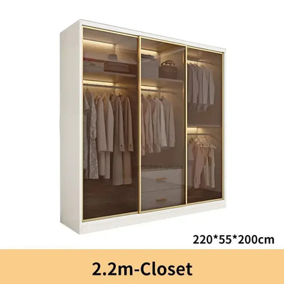 Italian Clothes Cabinet With LED Light And Storage Drawers Transparent Glass Sliding Door Bedroom Wardrobes Luxury Wood Closets