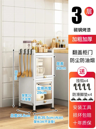 Modern Carbon Steel Kitchen Cabinets Home Storage Cabinet Multi-functional Multi-layer Microwave Oven Floor Rack with Flip Door