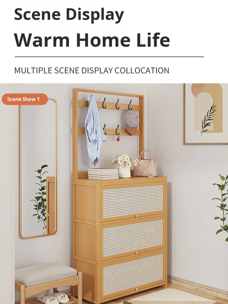 Multifunctional Shoe Rack Breathable Hanging Storage Shoe Cabinet Hallway Living Room Flip Door Rattan Shoe Organizer Cabinet