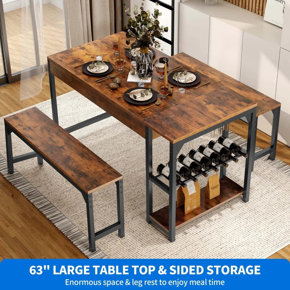 63in Dining Table Set, 3 Piece Dining Room Table Set for 4-8, Kitchen Dining Table with 2 Long Bench, Storage, Wine Glass Holder