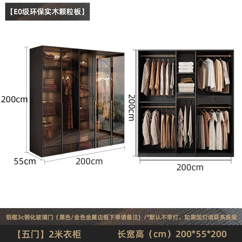 Solid wood wardrobe, bedroom home glass door L-shaped modern light luxury corner cloakroom storage cabinet combination wardrobe