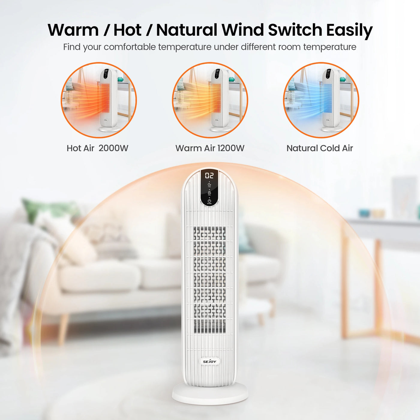 Sejoy 2000W Electric Heater Home 3 gears 220v EU Plug Space Heater PTC Ceramic Heater,with Timing,Automatic Swing,Heating Fans