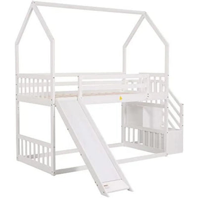 House Bunk Bed with Convertible Slide and Storage Staircase, Wood Twin Over Twin Bunk Bed Frame, No Box Spring Needed (White)