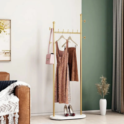 Gold Clothing Racks with Marble Base Modern Gold Coat Racks Freestanding Gold Clothes Rack with Shelves for Bedroom