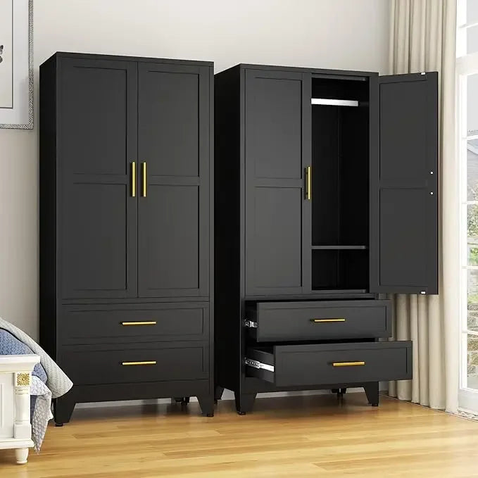 Metal Clothing Storage Cabinets with  Doors  Adjustable Shelf and  Drawers Metal Wardrobe Cabinet with Hanging Rod