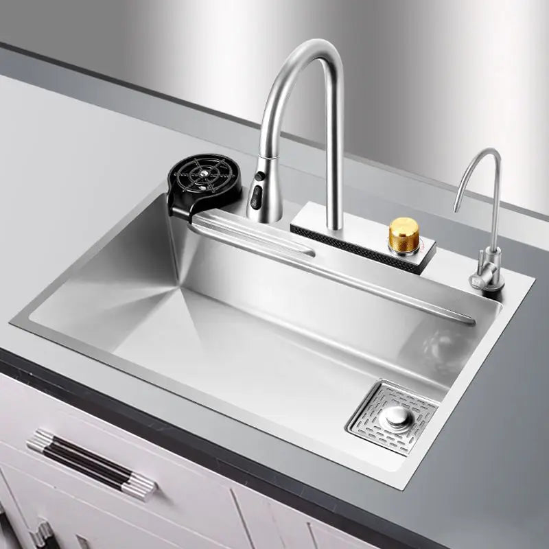 Waterfall Kitchen Sink 304 Stainless Steel Large Single Slot Above Mount Apron Front Waterfall Faucet Vegetable Basin Cup Washer