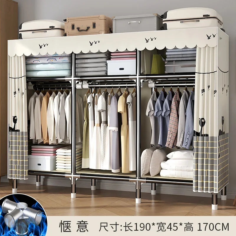 Durable Alloy Steel Wardrobe  HighCapacity Closet with Polyester Taffeta, Easy Clean Bedroom Storage, Clothing Organizer