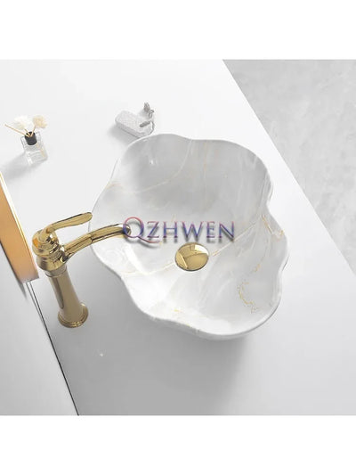 Ceramic Washbasin Marble Pattern Countertop Sinks Luxury Hotel Art Basin Flower Shape Bathroom Hand Wash Vessel Sink 50*37*14cm