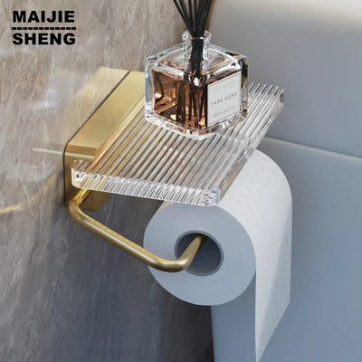 Toilet Paper Holder with Shelf - Wall Mount Bathroom Paper Roll Holder Rustproof Acrylic & Aluminum Toilet Tissue Holder Gold