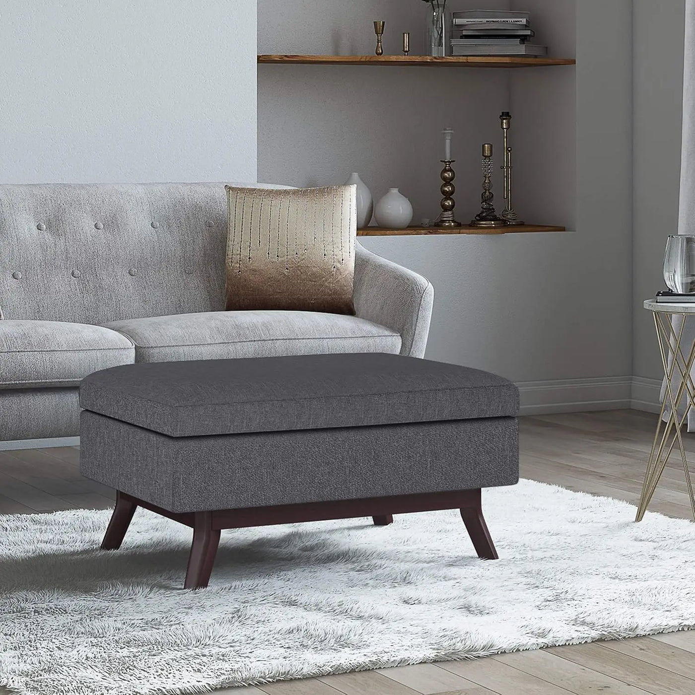 SIMPLIHOME Owen 34 Inch Wide Mid Century Modern Rectangle Coffee Table Storage Ottoman in Slate Grey Linen Look Fabric