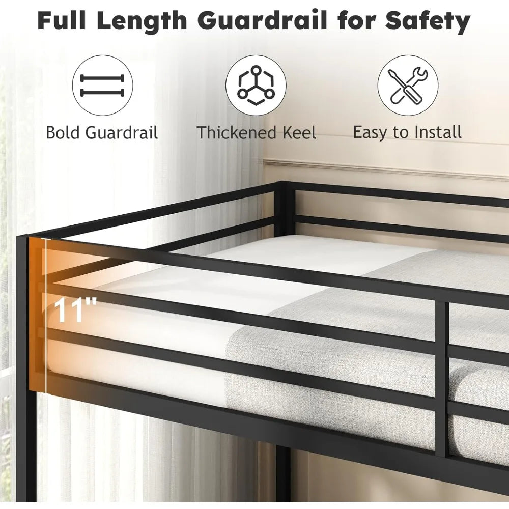 Twin Over Twin Bunk Bed Metal Low Profile Bunkbeds with Full-Length Guardrail and Ladder No Boxing Spring Needed