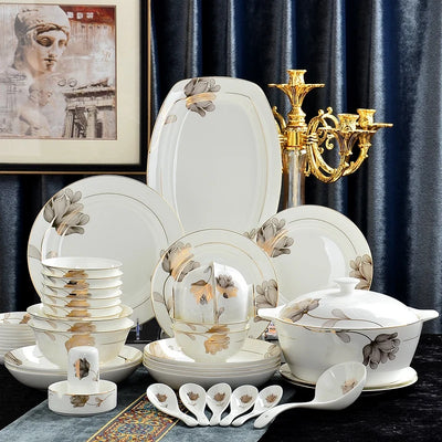 46pcs set, find bone china dinnerware set, gold leaf design, pocelain korean kitchen, christmas plate set, gold dinner plate set