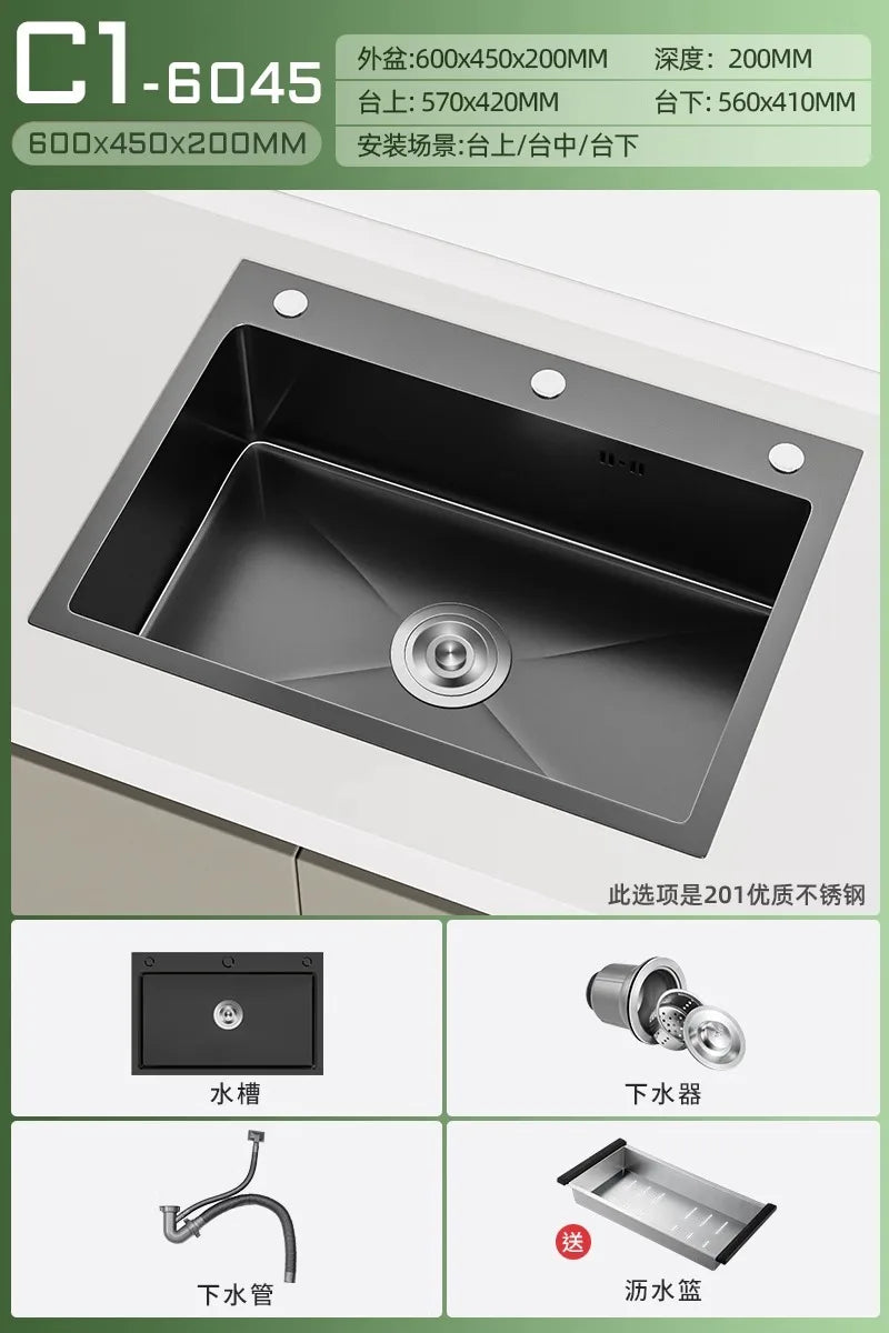 Stainless steel black sink, large single sink, hand-thickened kitchen under-counter basin, vegetable basin, dishwasher