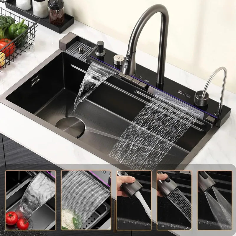 Black Kitchen Sink, Smart Waterfall Kitchen Sink  Drop in Kitchen Sink Workstation - 304 Stainless Steel Sink