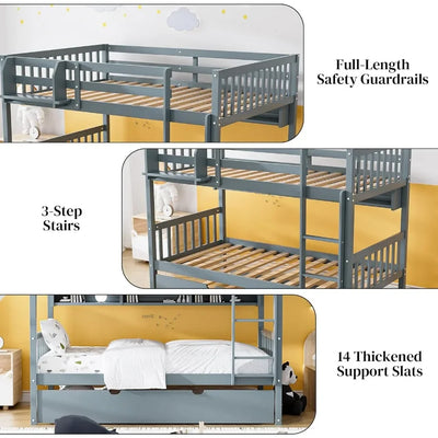 Twin Over Twin Bunk Bed with Trundle, Convertible to 2 Twin Size Platform Bed, Included Built-in Shelves, Size Bunk Bed