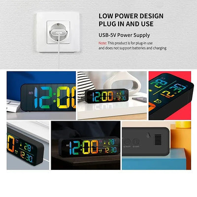 Large Music Digital Wall Clock Temperature Date 5 Level Brightness 12/24H 2 Alarms USB Powered Mirror LED Alarm Clock