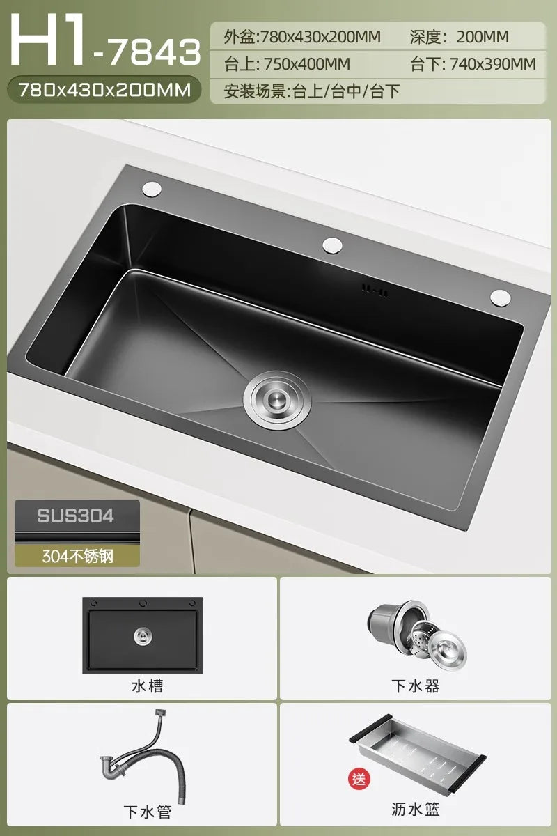 Stainless steel black sink, large single sink, hand-thickened kitchen under-counter basin, vegetable basin, dishwasher