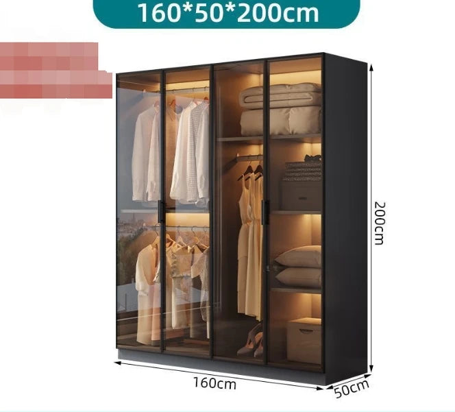 Design Black High Gloss Lacquered Wardrobe Dark Style Walk-in Wardrobe Clothes Bedroom Furniture with Glass Doors