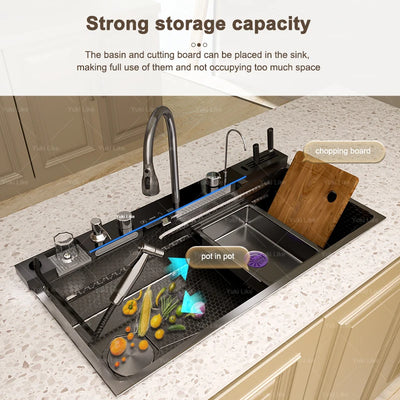 Stainless Steel Waterfall Kitchen Sink Extra Large Single Slot Oversized Sinks Digital Display  Dishwashing Basin