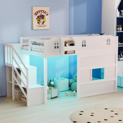 Low Loft Bed with Led Light, Loft Bed Twin Size with Castle Guardrail and Window, Book Rack, Smart APP Control, Twin loft Bed