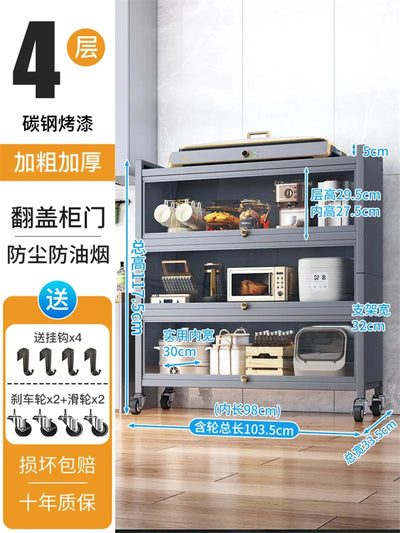 Modern Carbon Steel Kitchen Cabinets Home Storage Cabinet Multi-functional Multi-layer Microwave Oven Floor Rack with Flip Door