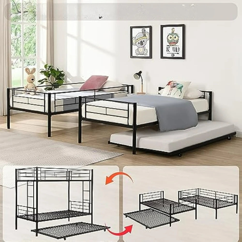 Twin Over Twin Bunk Bed Frame ,Metal Bunk Bed Bedframe with Guard Rail and 2 Ladders for Adults,Can be Divided into 3 Beds