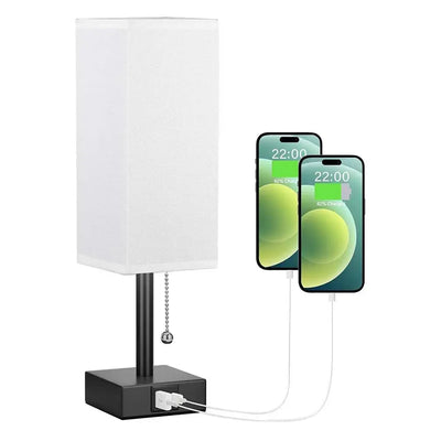 Bedside Lamps With USB CA Charging Ports With 3-Color Modes With Pull Chain Bedroom Lamp With White Fabric Shade Night Light