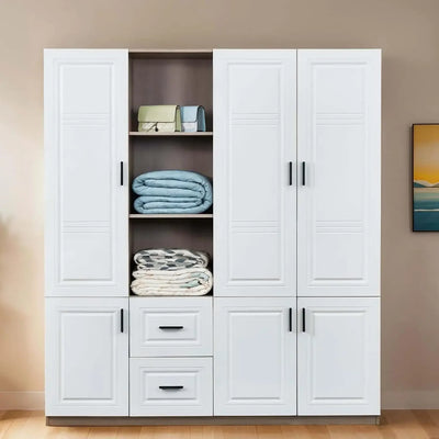 Wardrobe Closet, Bedroom Armoires Cabinet Wooden with Hanging Rod Inside Cabinet and Drawers