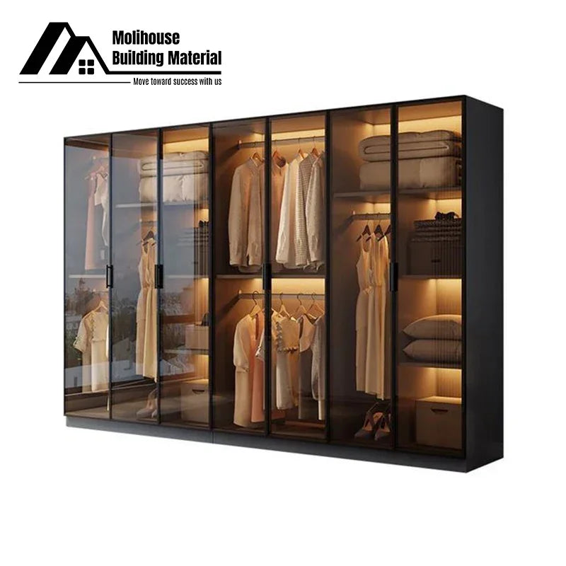 Design Black High Gloss Lacquered Wardrobe Dark Style Walk-in Wardrobe Clothes Bedroom Furniture with Glass Doors