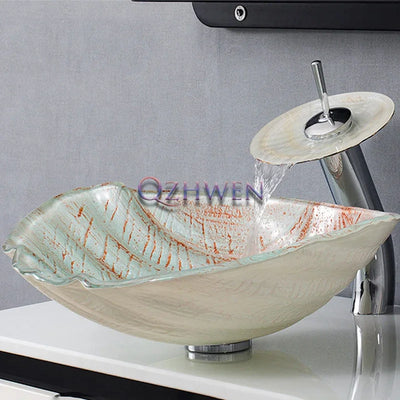 Nordic Sea Shell Bathroom Sink Tempered Glass Glass Washbasin Countertop Art Basin Waterfall Spout Basin with Drainer 48*42*16cm