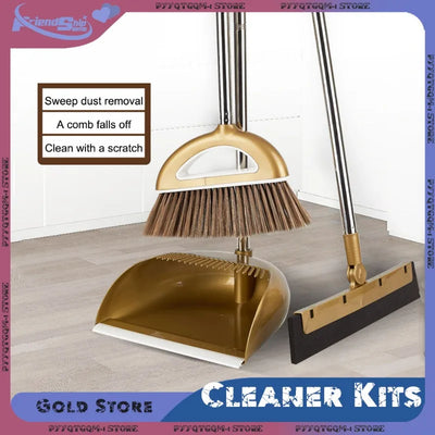 Broom and Plastic Dustpan Set Gold Sweeping Dust Brush Cleaner Kits Sweeper Wiper Floor Cleaning Tools Household Accessories