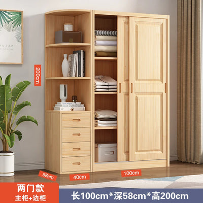 All solid wood pine sliding door wardrobe modern log children's clothes cupboard simple wardrobe home bedroom locker