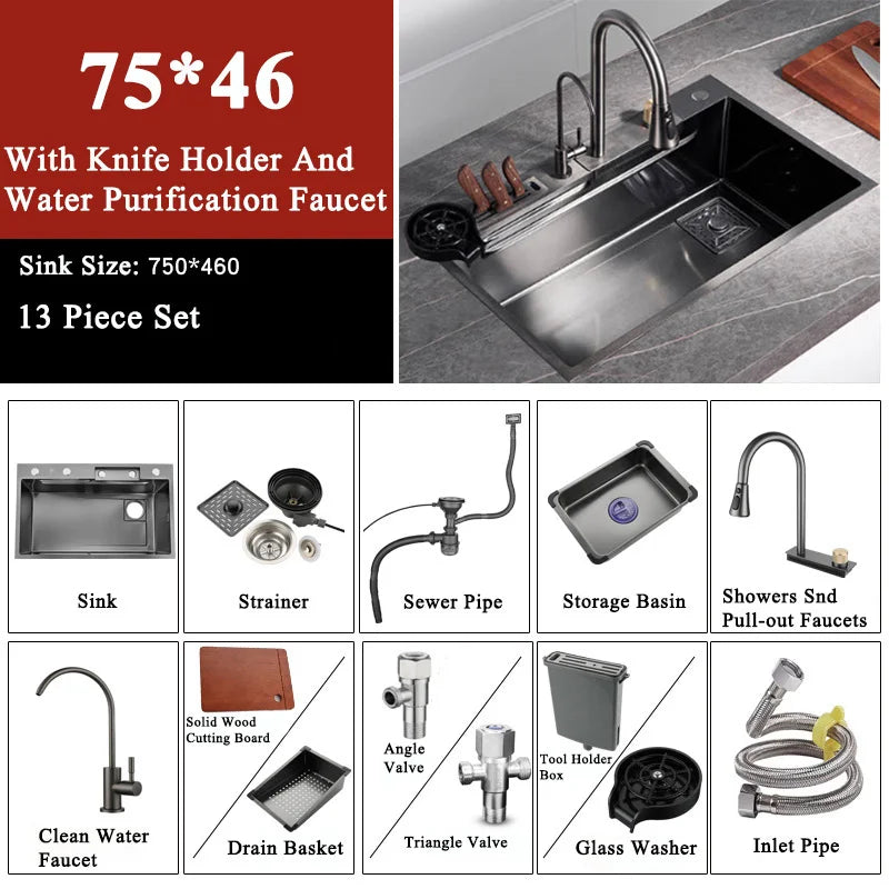 Modern Style 304 Stainless Steel Kitchen Sink With Waterfall With Smart Kitchen Sink Kitchen Sink Siphon