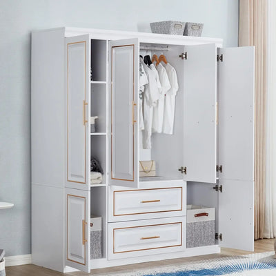 74" H Freestanding Clothes Storage Closet Bedroom Armoires Wood Wardrobe Storage Closet Cabinet with Hanging Rod Shelf 2 Drawers