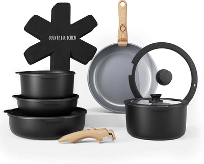 Cookware Set with Removable Handle, Oven & RV Safe Pots and Pans Set, Black/Grey Wood Handle